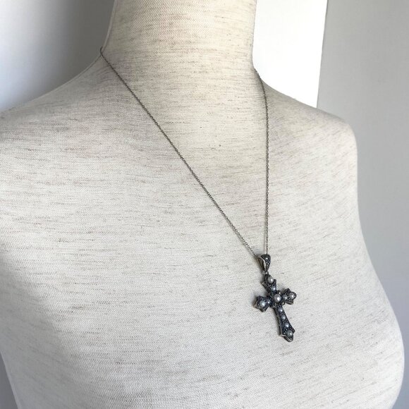 Oxidized Sterling Silver 925 Pearl Marcasite Cross Pendant Necklace 19.5" Chain - Picture 14 of 16